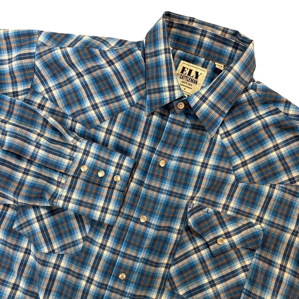 ELY CATTLEMAN Western Shirt Mens‎ Large Blue Plaid Long Sleeve Pearl Snap